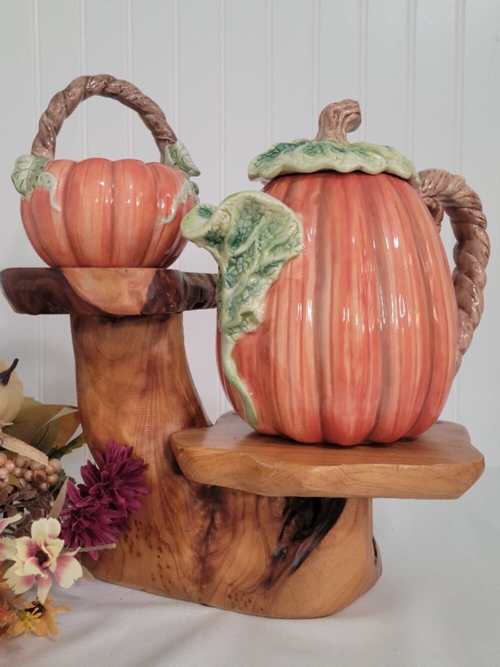 Vtg Fitz & Floyd OCI Fall Kitschy Cottagecore Ceramic Pumpkin Tea Pot & Basket